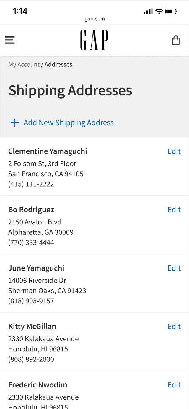 Saved Addresses screen